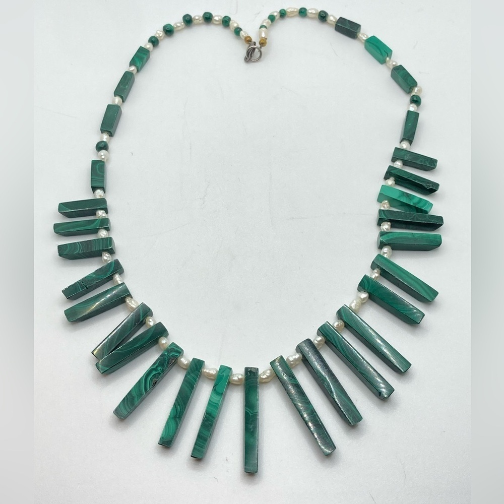 VTG Sterling Malachite & Biwa Rice Pearl Egyptian Style Bib Necklace 17” + 1.4” - Picture 2 of 6
